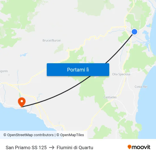 San Priamo SS 125 to Flumini di Quartu map
