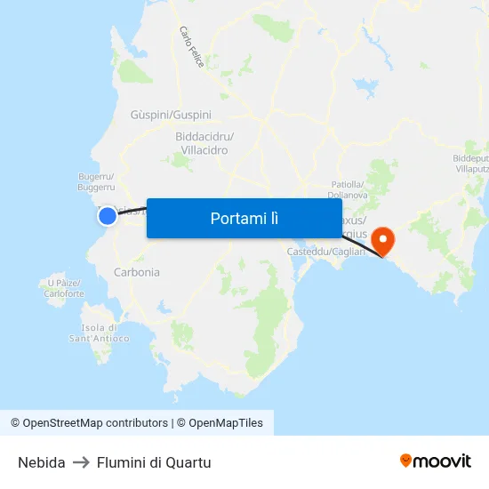 Nebida to Flumini di Quartu map
