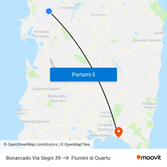 Bonarcado Via Segni 39 to Flumini di Quartu map