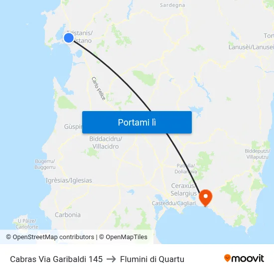 Cabras Via Garibaldi 145 to Flumini di Quartu map