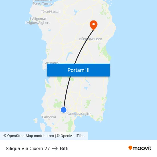 Siliqua Via Cixerri 27 to Bitti map