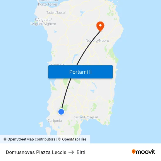 Domusnovas Piazza Leccis to Bitti map
