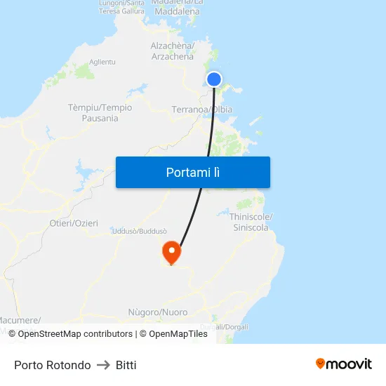 Porto Rotondo to Bitti map