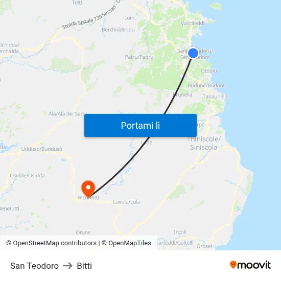 San Teodoro to Bitti map