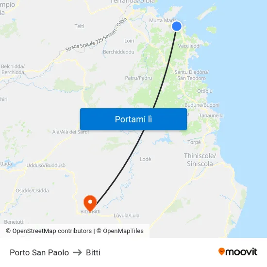 Porto San Paolo to Bitti map