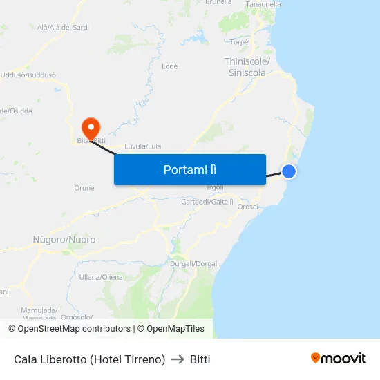 Cala Liberotto (Hotel Tirreno) to Bitti map