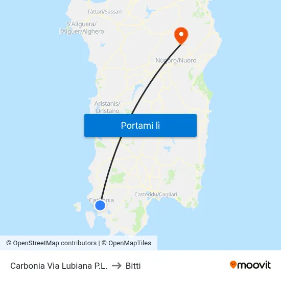 Carbonia Via Lubiana P.L. to Bitti map