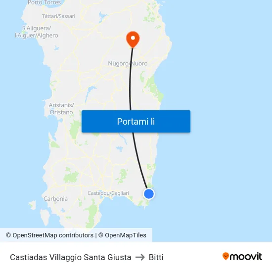 Castiadas Villaggio Santa Giusta to Bitti map
