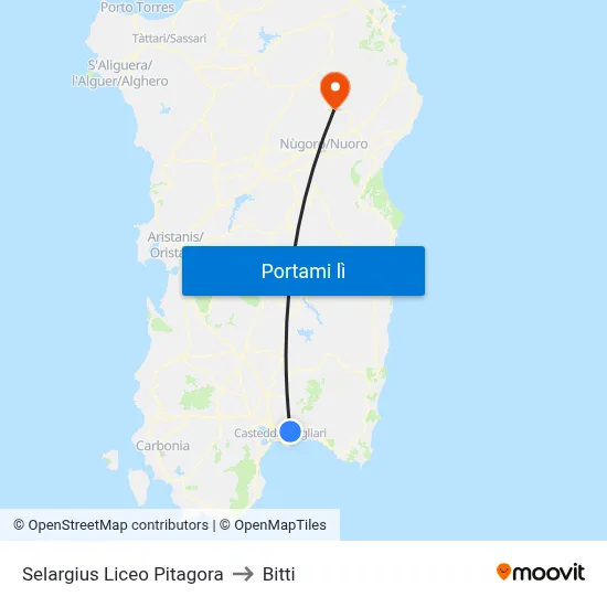Selargius Liceo Pitagora to Bitti map