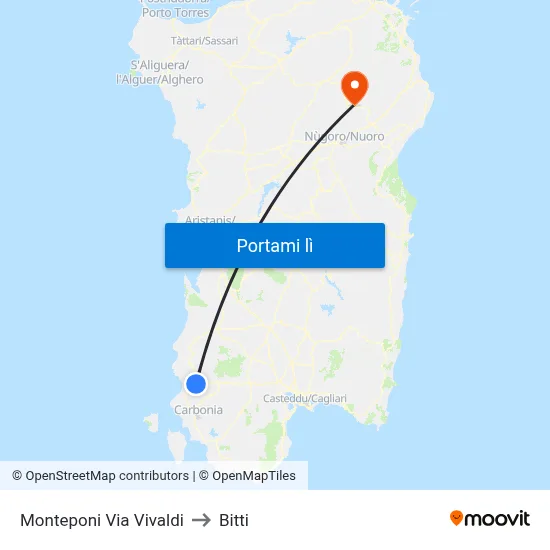 Monteponi Via Vivaldi to Bitti map