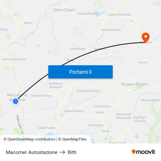 Macomer Autostazione to Bitti map