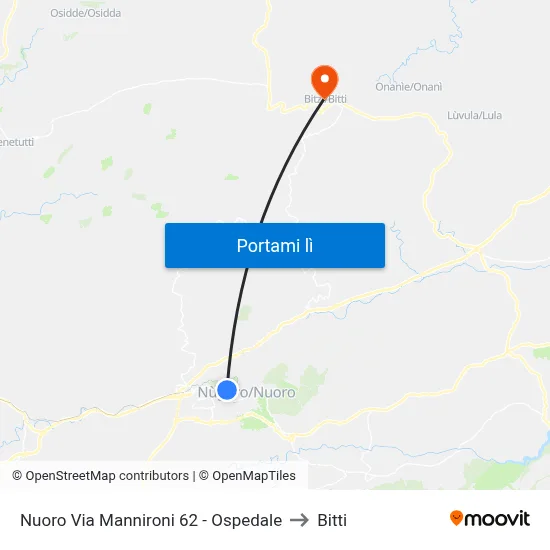 Nuoro Via Mannironi-Fronte Ospedale to Bitti map