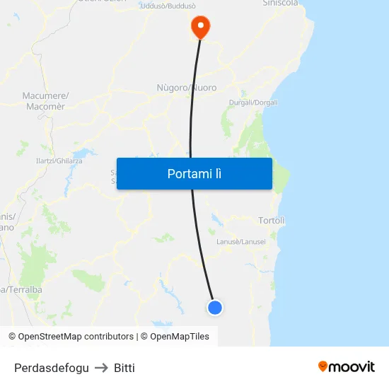 Perdasdefogu to Bitti map