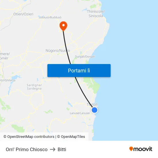 Orri' Primo Chiosco to Bitti map