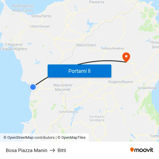 Bosa Piazza Manin to Bitti map