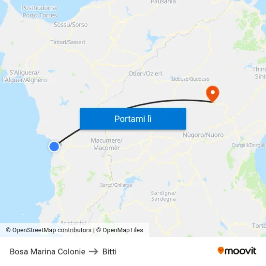 Bosa Marina Colonie to Bitti map