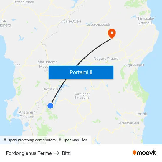 Fordongianus Terme to Bitti map