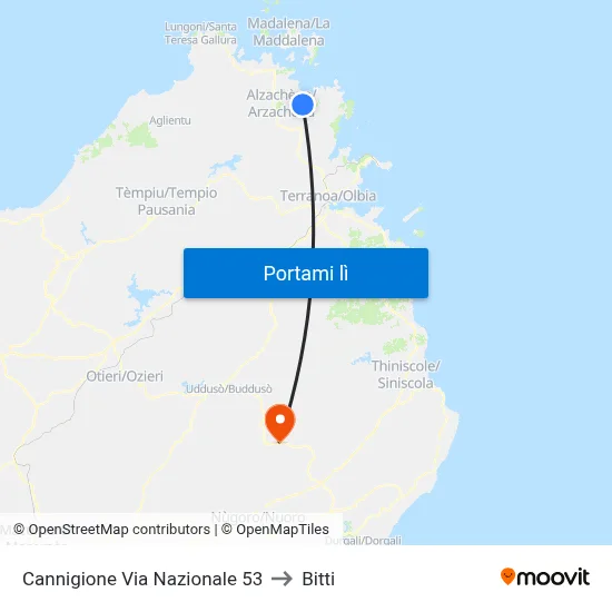 Cannigione Via Nazionale 53 to Bitti map