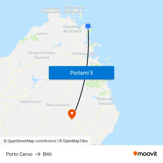 Porto Cervo to Bitti map