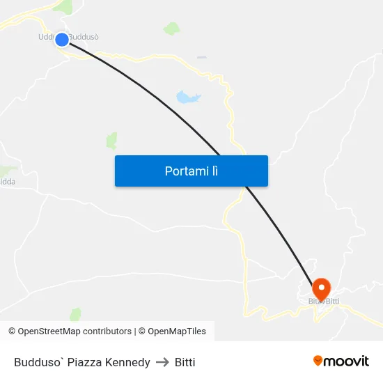 Budduso` Piazza Kennedy to Bitti map