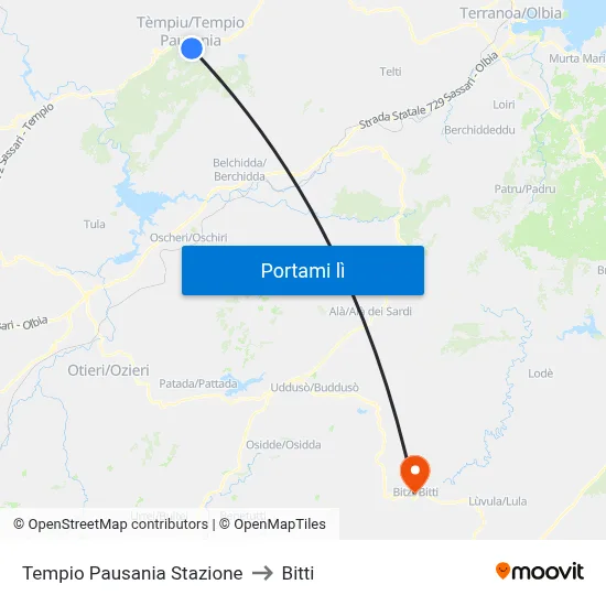 Tempio Pausania Stazione to Bitti map