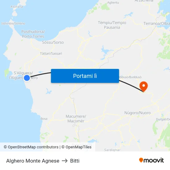 Alghero Monte Agnese to Bitti map