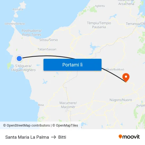 Santa Maria La Palma to Bitti map