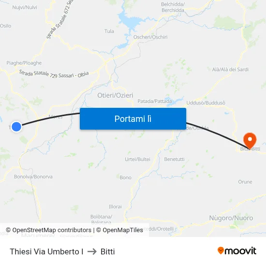 Thiesi Via Umberto I to Bitti map