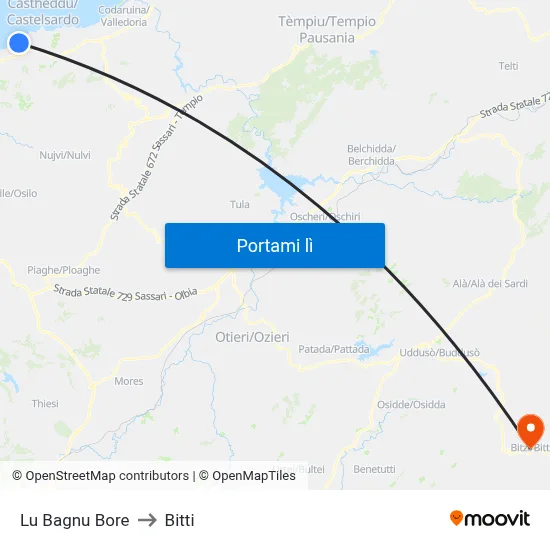 Lu Bagnu Bore to Bitti map