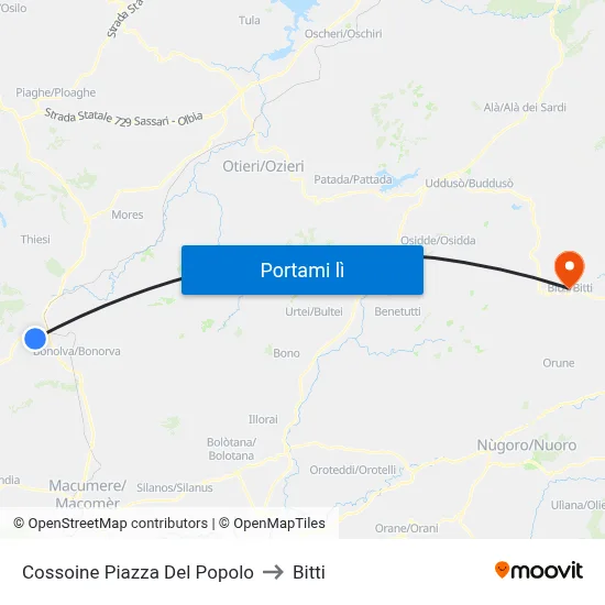 Cossoine Piazza Del Popolo to Bitti map