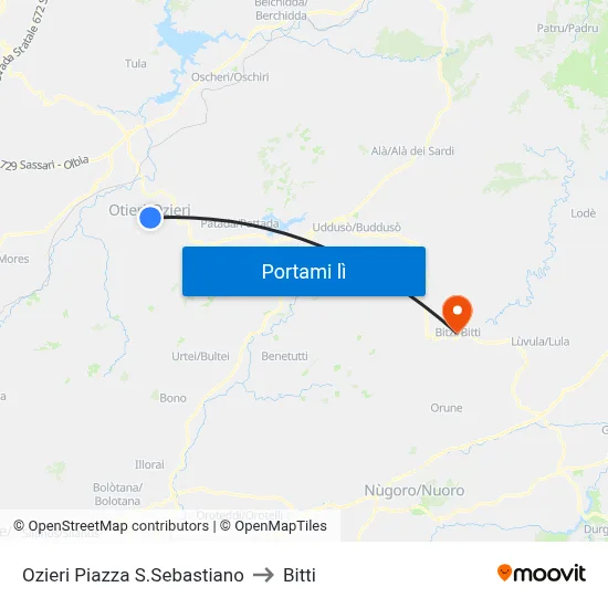 Ozieri Piazza S.Sebastiano to Bitti map
