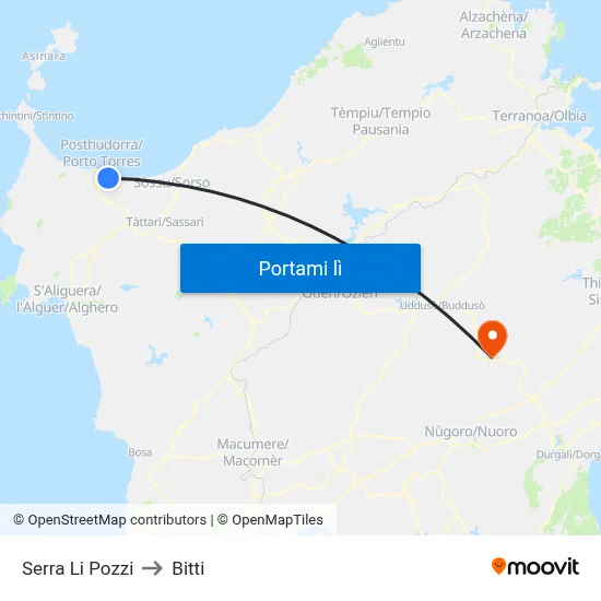 Serra Li Pozzi to Bitti map