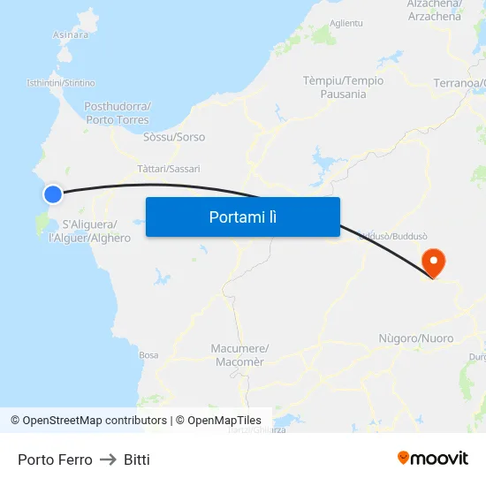 Porto Ferro to Bitti map