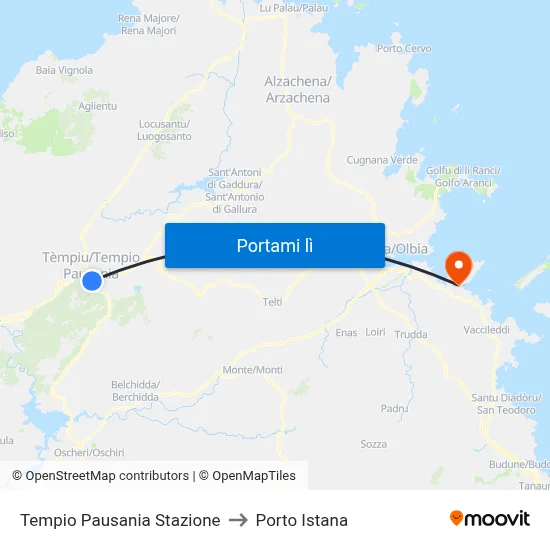 Tempio Pausania Stazione to Porto Istana map