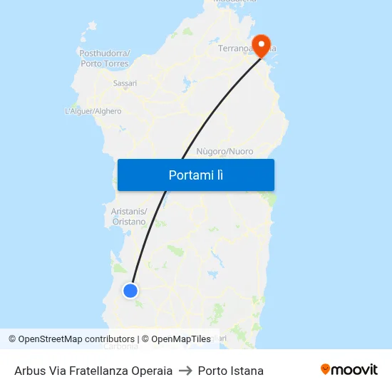 Arbus Via Fratellanza Operaia to Porto Istana map