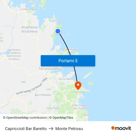Capriccioli Bar Baretto to Monte Petrosu map
