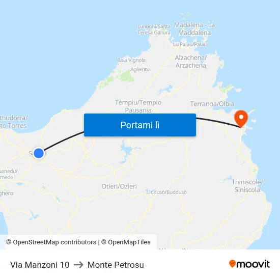Via Manzoni 10 to Monte Petrosu map