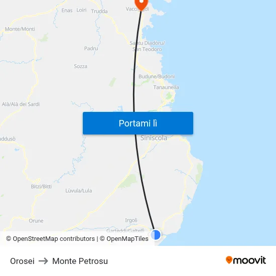 Orosei to Monte Petrosu map