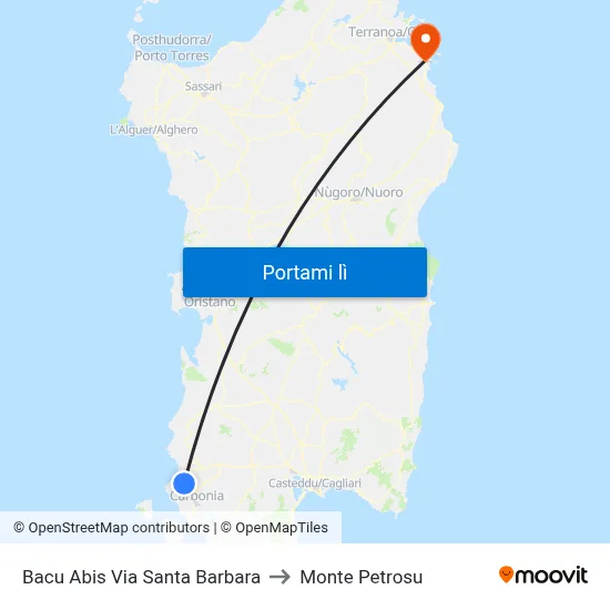 Bacu Abis Via Santa Barbara to Monte Petrosu map