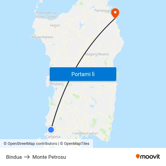 Bindua to Monte Petrosu map