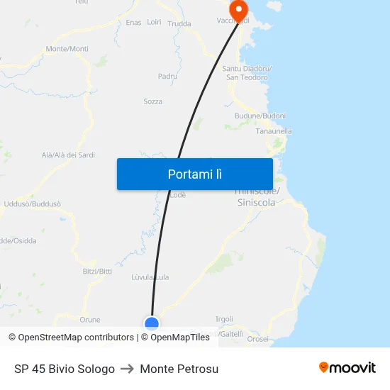 SP 45 Bivio Sologo to Monte Petrosu map