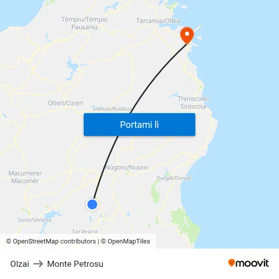 Olzai to Monte Petrosu map