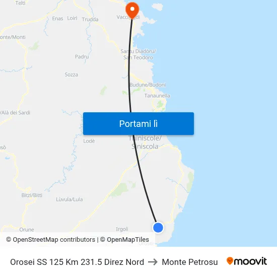 Orosei SS 125 Km 231.5 Direz Nord to Monte Petrosu map