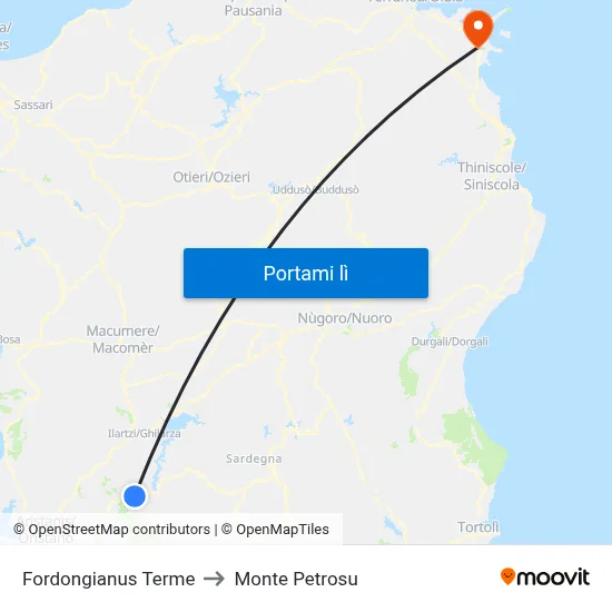 Fordongianus Terme to Monte Petrosu map