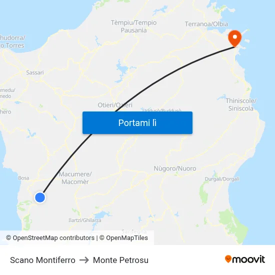 Scano Montiferro to Monte Petrosu map