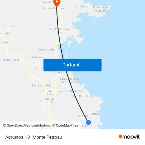 Agrustos to Monte Petrosu map