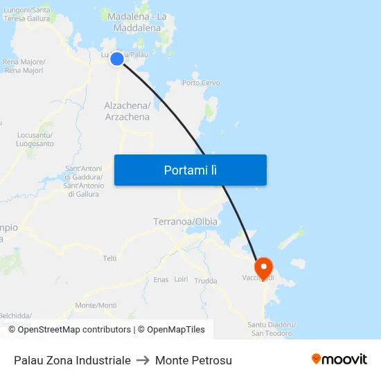 Palau Zona Industriale to Monte Petrosu map
