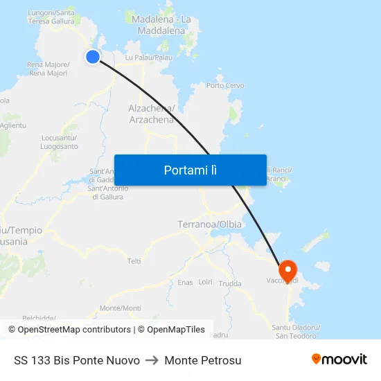 SS 133 Bis Ponte Nuovo to Monte Petrosu map