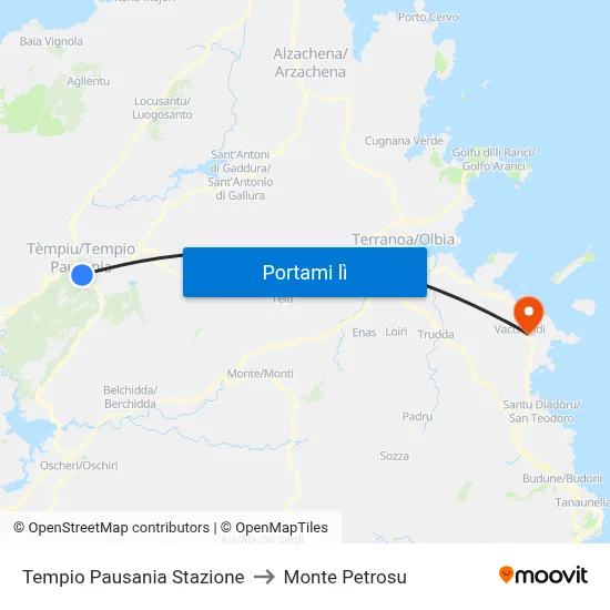 Tempio Pausania Stazione to Monte Petrosu map