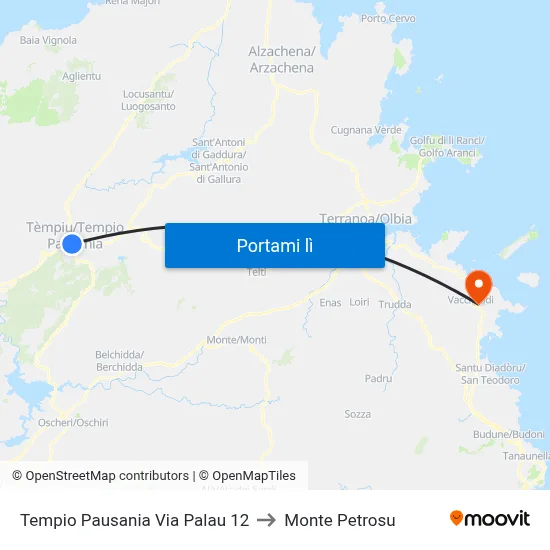 Tempio Pausania Via Palau 12 to Monte Petrosu map